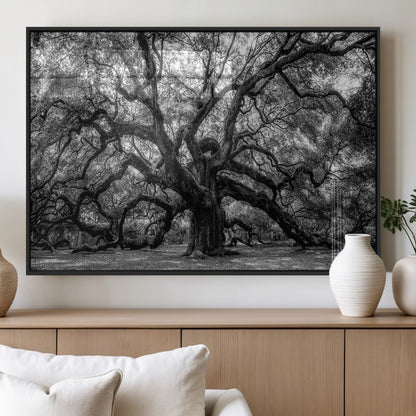 132944706-MGV-FP-36X24-3P_Black-Ancient Tree Wall Art – Black and White Photography Canvas Print Featuring Majestic Twisting Branches, Rustic Nature Artwork for