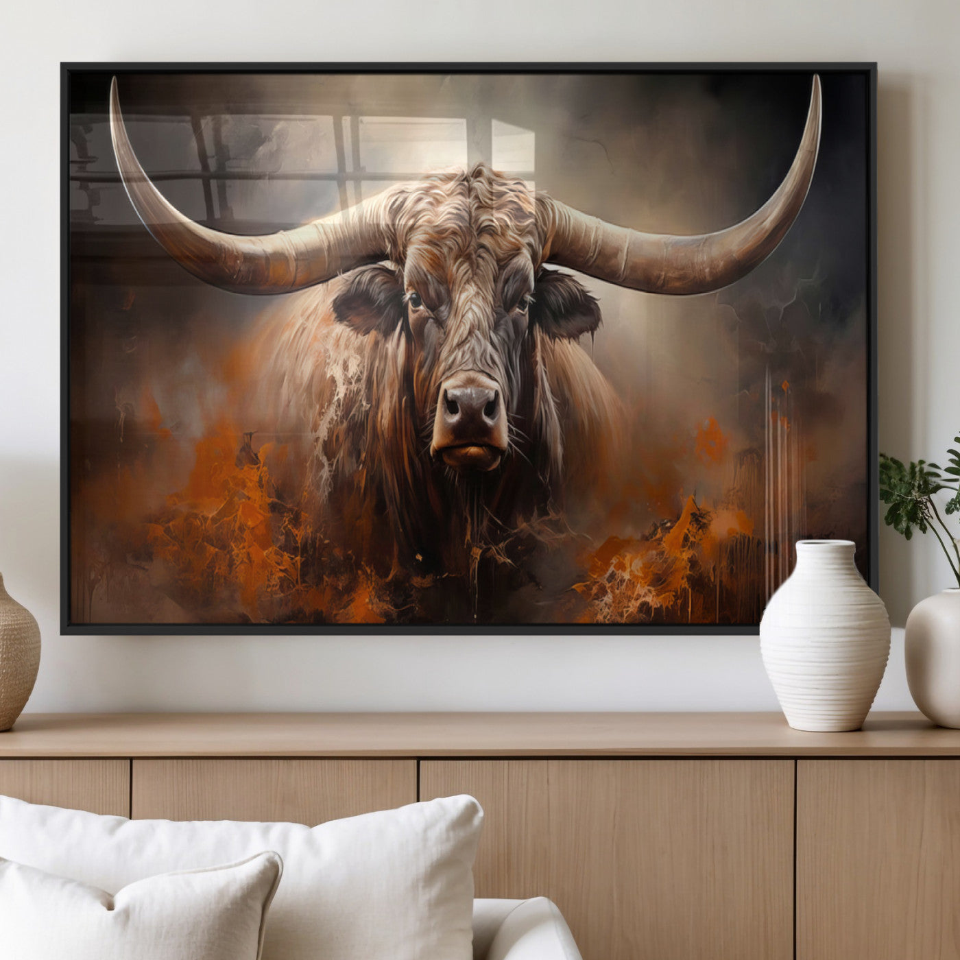 240479-MGV-FP-36X24-3P_Black-Longhorn Bull Wall Art – Dramatic Western Canvas Print Featuring Horned Bull with Fiery Background, Rustic Farmhouse Artwork for