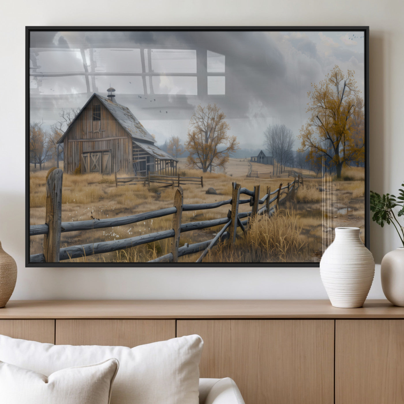 Farm1-MGV-FP-60X30-3P_Black-Rustic Autumn Farmhouse Wall Art – Serene Countryside Scene Canvas Print, Weathered Barn and Autumn Trees Decor for Living Room,