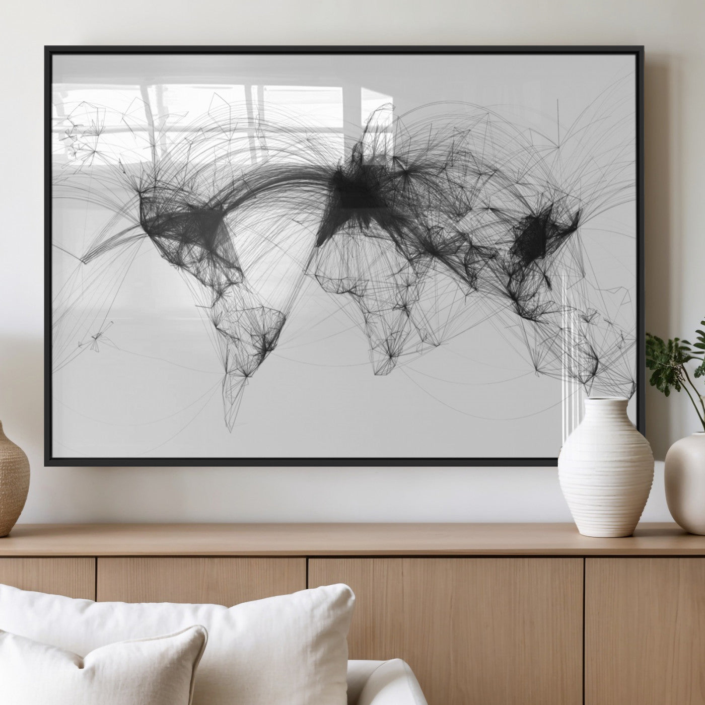 Black-Flight-Routes-MGV-FP-36X24-3P_Black-Abstract World Map Wall Art – Modern Black Line Network Style Canvas Print, Contemporary Global Artwork for Living Room, Bedroom,
