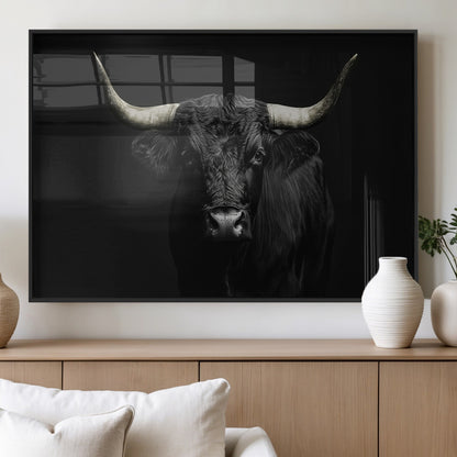 97914921-MGV-FP-36X24-3P_Black-Black Bull Wall Art Canvas Print, Framed Longhorn Bull Art Picture Print, Western Bull Perfect Monochrome Western Decor Artwork