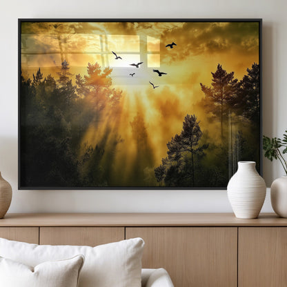 13776802-MGV-FP-36X24-3P_Black-Golden Forest Wall Art Canvas Print, Framed Sunset Pines Art Picture Print, Flying Birds Perfect Nature Glow Decor Artwork