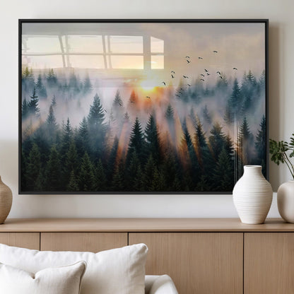 56391411-MGV-FP-36X24-3P_Black-Misty Forest Wall Art Canvas Print, Framed Sunrise Pines Art Picture Print, Moody Pines Perfect Serene Woodland Decor Artwork