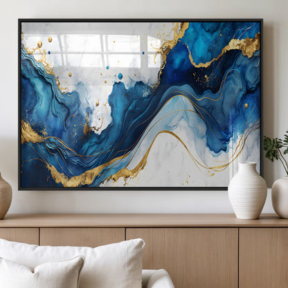 33506371-MGV-FP-36X24-3P_Black-Blue Marble Wall Art Canvas Print, Framed Gold Splash Art Picture Print, Abstract Wave Perfect Modern Luxe Decor Artwork