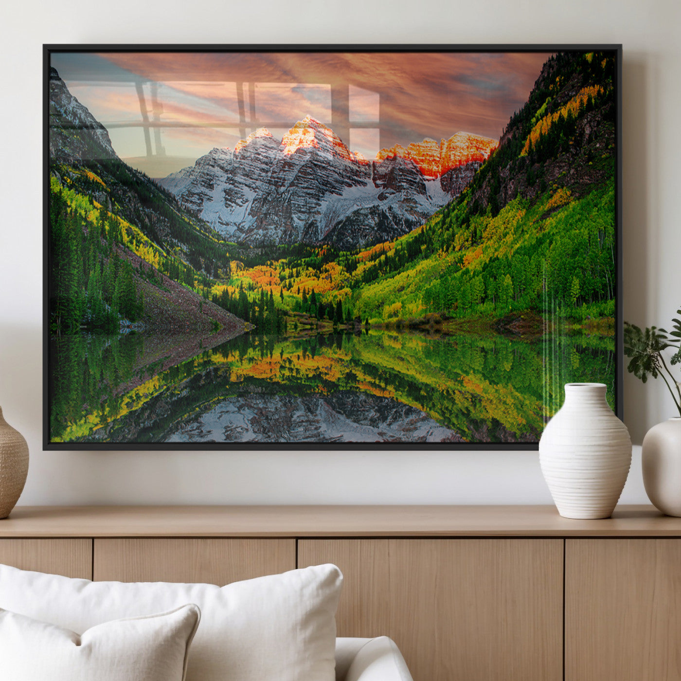 59533484-MGV-FP-36X24-3P_Black-Maroon Bells Autumn Wall Art – Panoramic Mountain Landscape Canvas Print, Sunset Reflection Nature Artwork for Living Room, Office