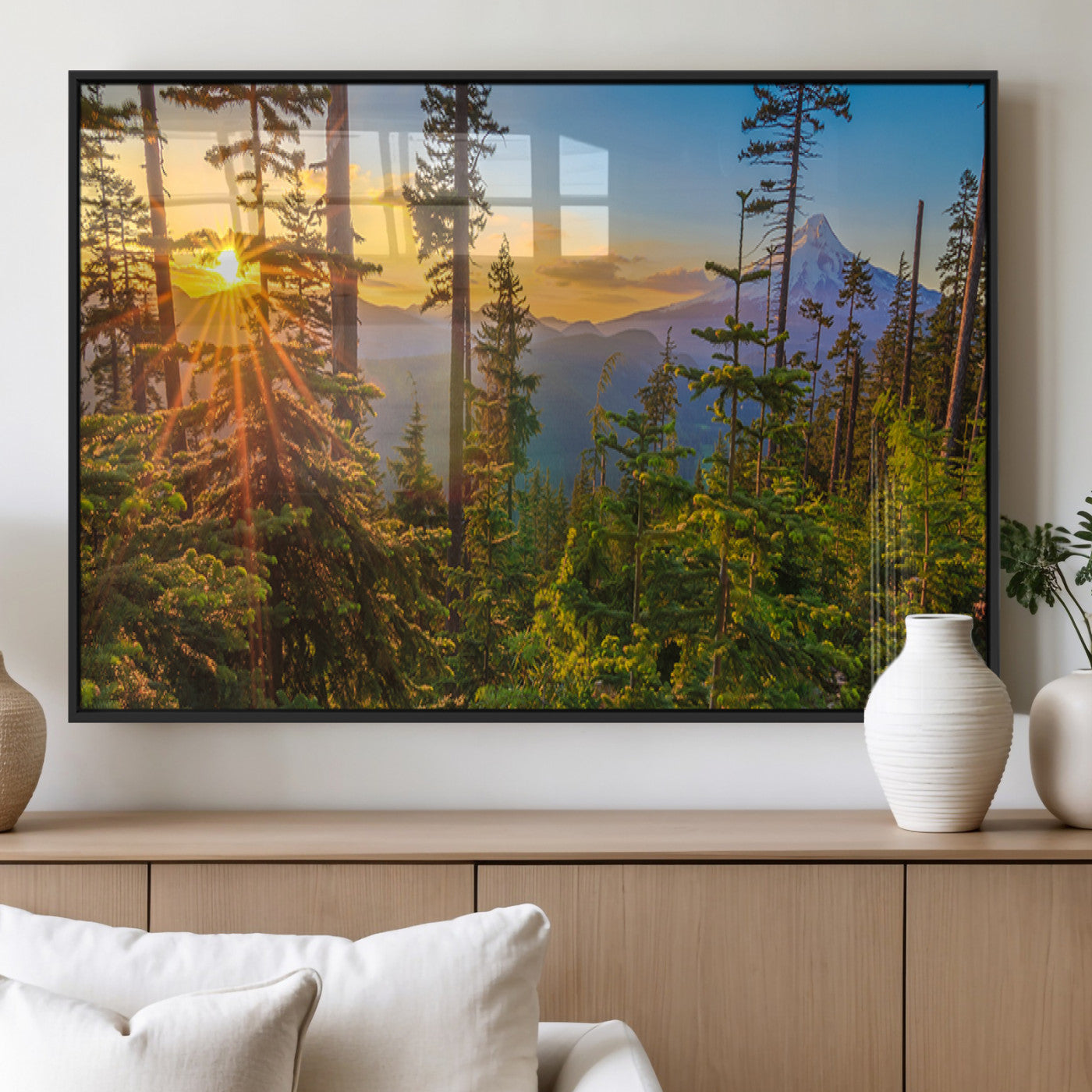 83544043-MGV-FP-36X24-3P_Black-Forest Sunset Wall Art Canvas Print, Framed Sunset Trees Art Picture Print, Green Pines Perfect Rustic Nature Decor Artwork