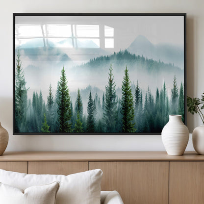 16716676-MGV-FP-36X24-3P_Black-Pine Forest Wall Art Canvas Print, Framed Misty Mountains Art Picture Print, Foggy Trees Perfect Moody Forest Decor Artwork