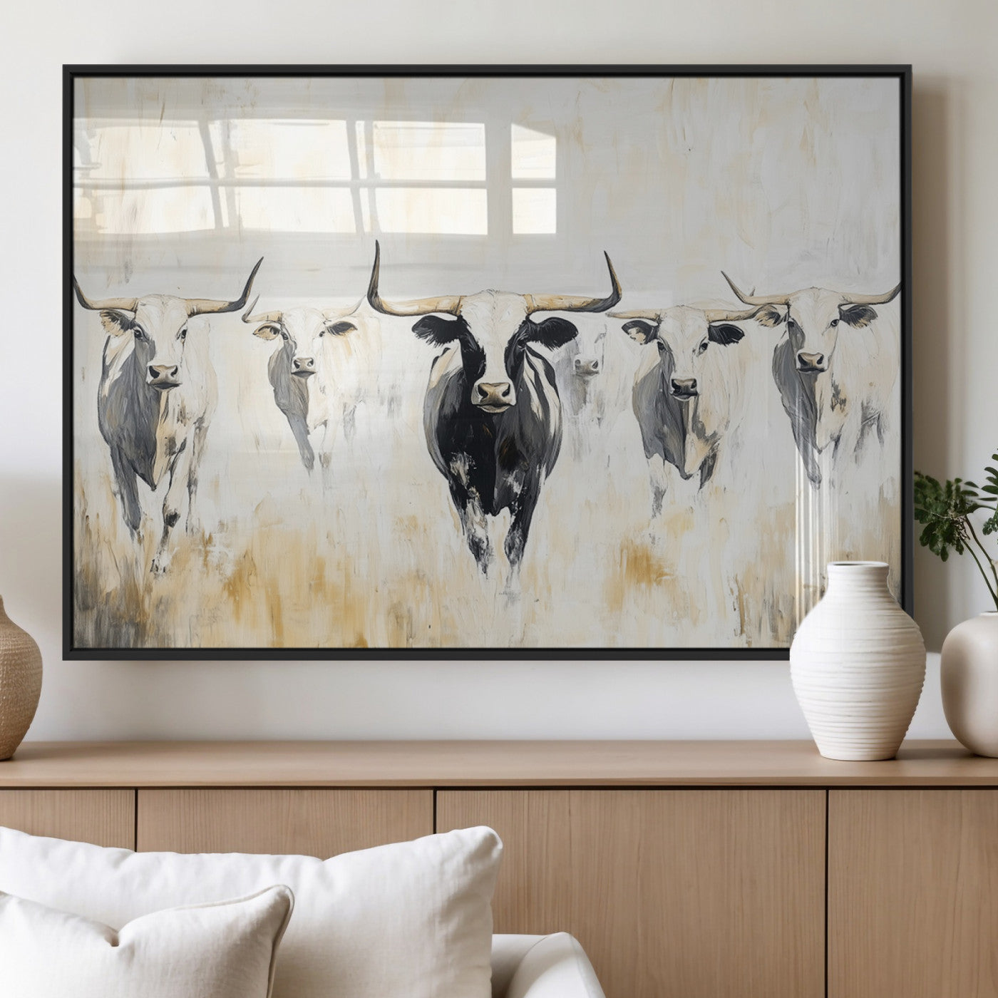 40397799-MGV-FP-36X24-3P_Black-Texas Longhorn Wall Art Canvas Print, Framed Rustic Herd Art Picture Print, Western Bull Perfect Neutral Western Decor Artwork