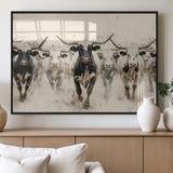 61538944-MGV-FP-36X24-3P_Black-Texas Longhorn Wall Art Canvas Print, Framed Cattles Walking Art Picture Print, Black White Bulls Perfect Rustic Western Decor