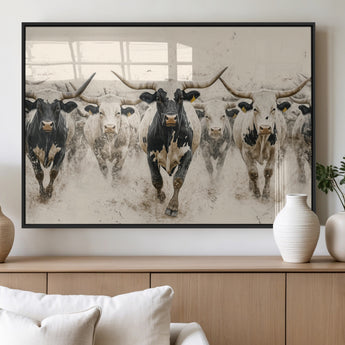 61538944-MGV-FP-36X24-3P_Black-Texas Longhorn Wall Art Canvas Print, Framed Cattles Walking Art Picture Print, Black White Bulls Perfect Rustic Western Decor