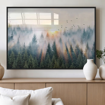 92718976-MGV-FP-36X24-3P_Black-Misty Forest Wall Art Canvas Print, Framed Sunrise Pines Art Picture Print, Foggy Woodland Perfect Moody Woodland Decor Artwork