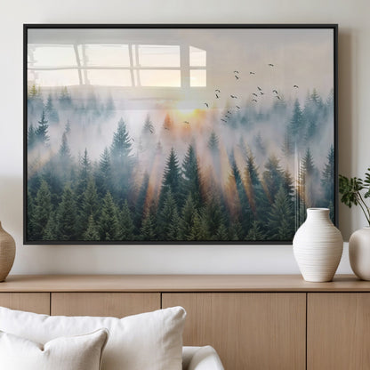 92718976-MGV-FP-36X24-3P_Black-Misty Forest Wall Art Canvas Print, Framed Sunrise Pines Art Picture Print, Foggy Woodland Perfect Moody Woodland Decor Artwork