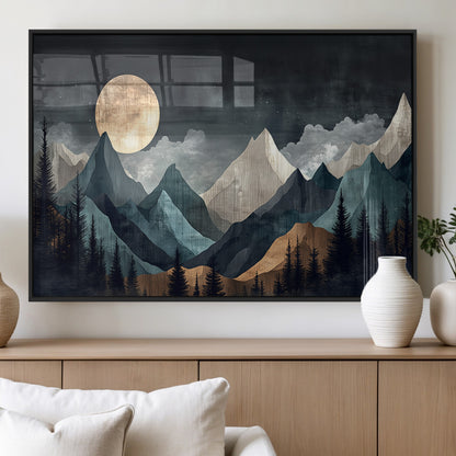 11060882-MGV-FP-36X24-3P_Black-Moonlit Mountains Wall Art Canvas Print, Framed Forest Silhouette Art Picture Print, Night Landscape Perfect Modern Forest Decor