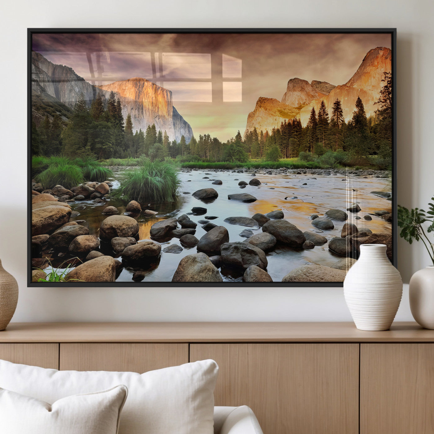 90956031-MGV-FP-36X24-3P_Black-Yosemite Valley Wall Art – Scenic Mountain River Landscape Canvas Print, Nature Photography for Living Room, Bedroom, Cabin,