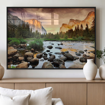 90956031-MGV-FP-36X24-3P_Black-Yosemite Valley Wall Art – Scenic Mountain River Landscape Canvas Print, Nature Photography for Living Room, Bedroom, Cabin,