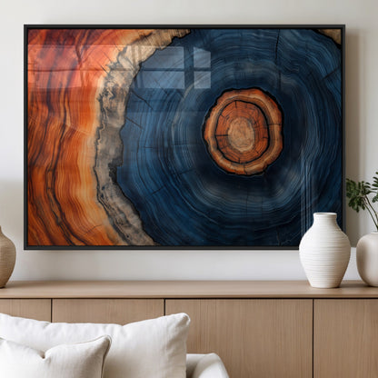 72209152-MGV-FP-36X24-3P_Black-Abstract Tree Ring Wall Art – Vibrant Blue Orange Wood Grain Canvas Print, Rustic Modern Nature Artwork for Living Room, Office,