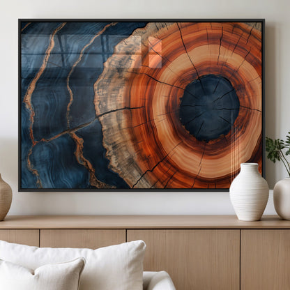 41123192-MGV-FP-36X24-3P_Black-Tree Ring Canvas Wall Art – Abstract Blue Orange Wood Grain Print, Rustic Modern Nature Artwork for Living Room, Bedroom, Office