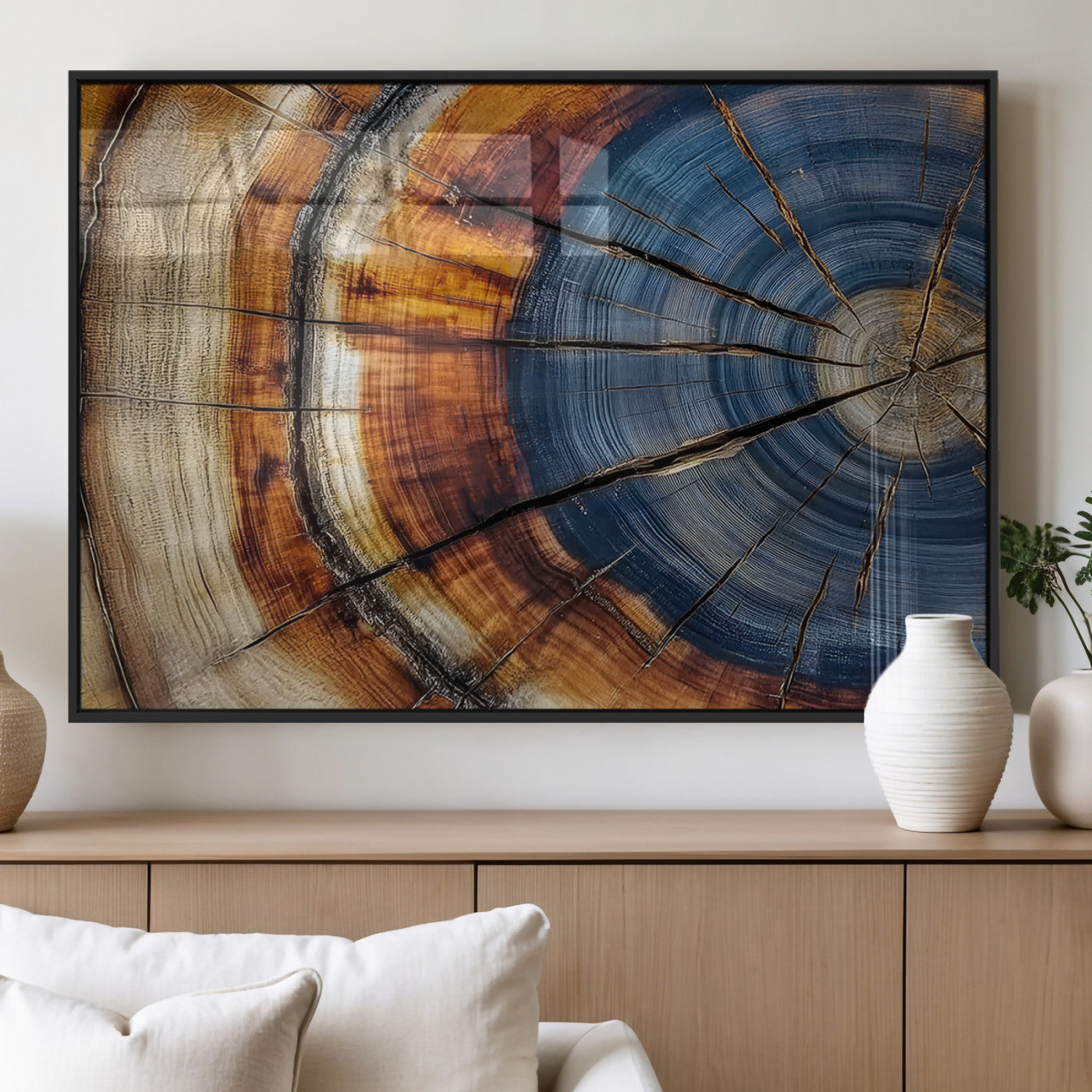 18032999-MGV-FP-36X24-3P_Black-Tree Ring Wall Art – Blue Brown Abstract Wood Slice Canvas Print, Rustic Modern Nature Decor for Living Room, Office, Bedroom or