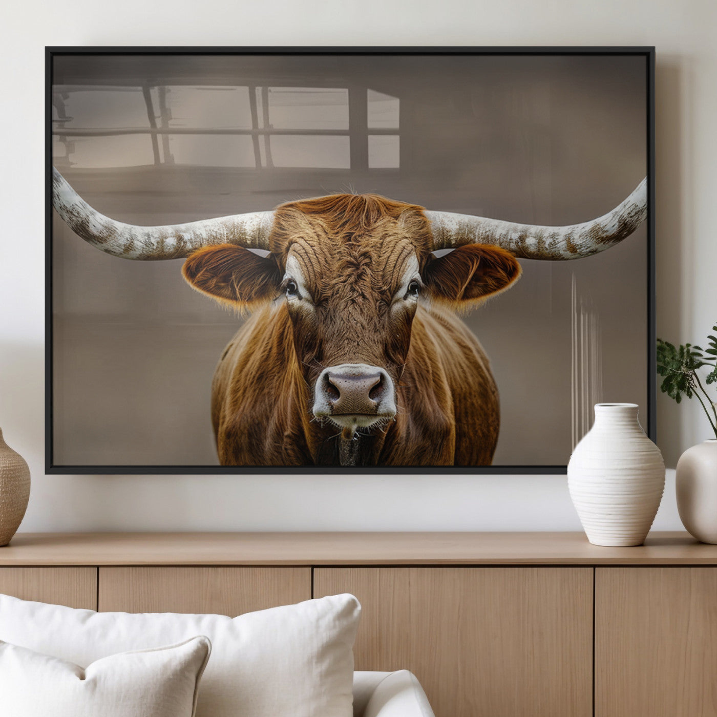 12179171-MGV-FP-60X30-3P_Black-Texas Longhorn Wall Art Canvas Print, Framed Brown Bull Art Picture Print, Lone Cattle Perfect Rustic Western Decor Artwork