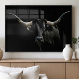 37531960-MGV-FP-36X24-3P_Black-Black Longhorn Bull Wall Art – Dramatic Western Cattle Canvas Print, Rustic Farmhouse Animal Artwork for Living Room, Bedroom,