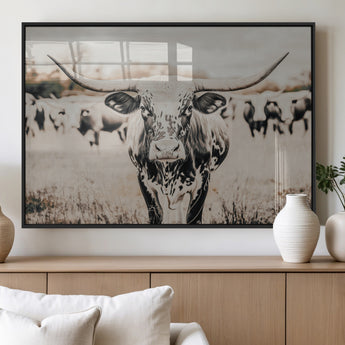 27497342-MGV-FP-60X30-3P_Black-Texas Longhorn Wall Art Canvas Print, Framed Speckled Cow Art Picture Print, Horned Cattle Perfect Rustic Western Decor Artwork