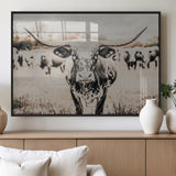 27497342-MGV-FP-36X24-3P_Black-Texas Longhorn Wall Art Canvas Print, Framed Speckled Cow Art Picture Print, Horned Cattle Perfect Rustic Western Decor Artwork