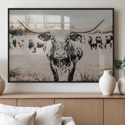 27497342-MGV-FP-36X24-3P_Black-Texas Longhorn Wall Art Canvas Print, Framed Speckled Cow Art Picture Print, Horned Cattle Perfect Rustic Western Decor Artwork