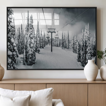 31156828-MGV-FP-60X30-3P_Black-Snowy Pines Wall Art Canvas Print, Framed Ski Lift Art Picture Print, Winter Forest Perfect Moody Lodge Decor Artwork