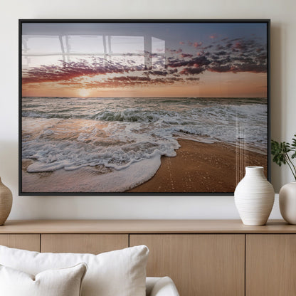 39846389-MGV-FP-60X30-3P_Black-Ocean Sunset Wall Art Canvas Print, Framed Sandy Shore Art Picture Print, Gentle Waves Perfect Minimalist Coastal Decor Artwork
