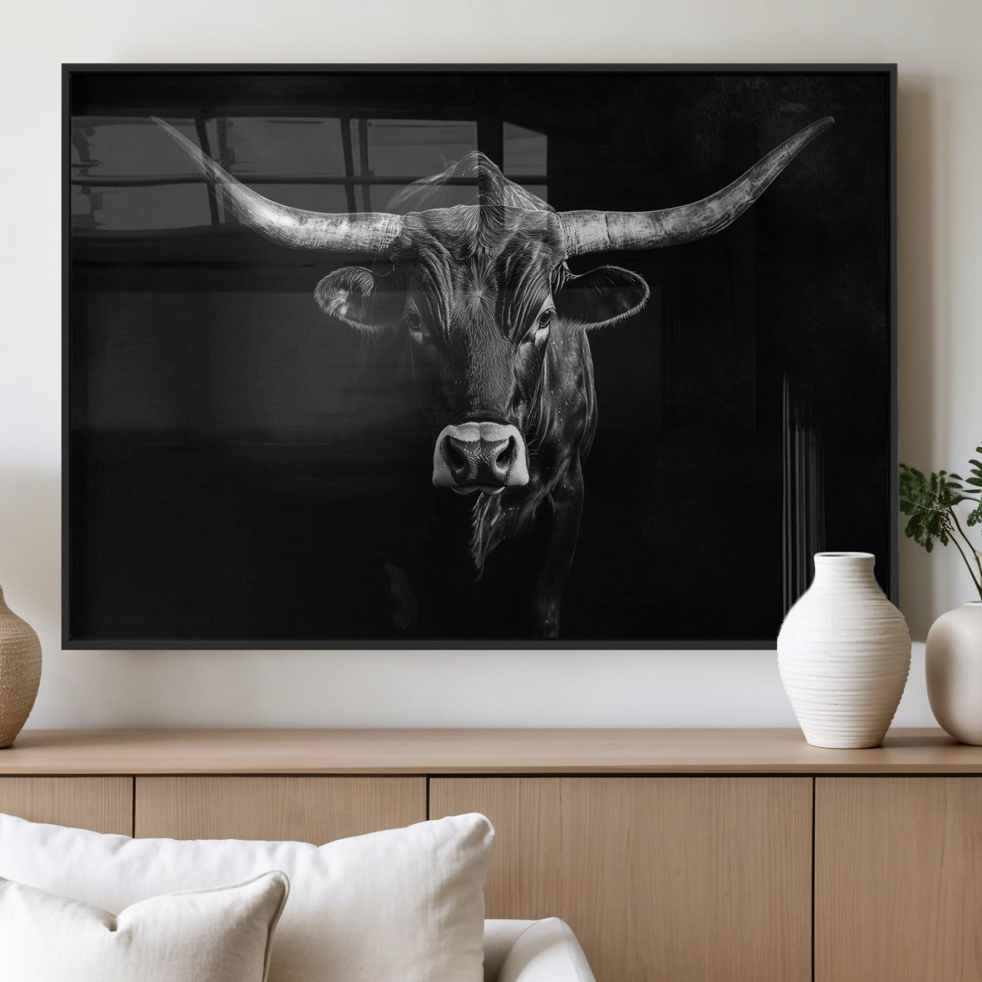 42077175-MGV-FP-36X24-3P_Black-Texas Longhorn Wall Art Canvas Print, Framed Monochrome Bull Art Picture Print, Horned Bull Perfect Rustic Western Decor Artwork