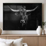 42077175-MGV-FP-36X24-3P_Black-Texas Longhorn Wall Art Canvas Print, Framed Monochrome Bull Art Picture Print, Horned Bull Perfect Rustic Western Decor Artwork