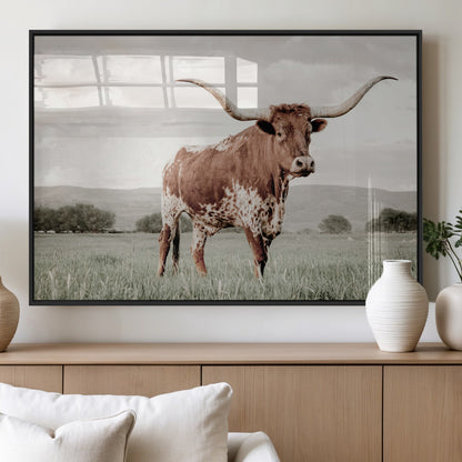 28309012-MGV-FP-36X24-3P_Black-Texas Longhorn Wall Art Canvas Print, Framed Spotted Cattle Art Picture Print, Horned Bull Perfect Rustic Western Decor Artwork