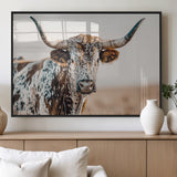70414966-MGV-FP-36X24-3P_Black-Texas Longhorn Wall Art Canvas Print, Framed Speckled Cow Art Picture Print, Horned Bull Perfect Rustic Western Decor Artwork