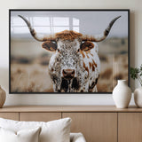76294381-MGV-FP-36X24-3P_Black-Texas Longhorn Wall Art Canvas Print, Framed Spotted Cow Art Picture Print, Horned Cattle Perfect Rustic Western Decor Artwork