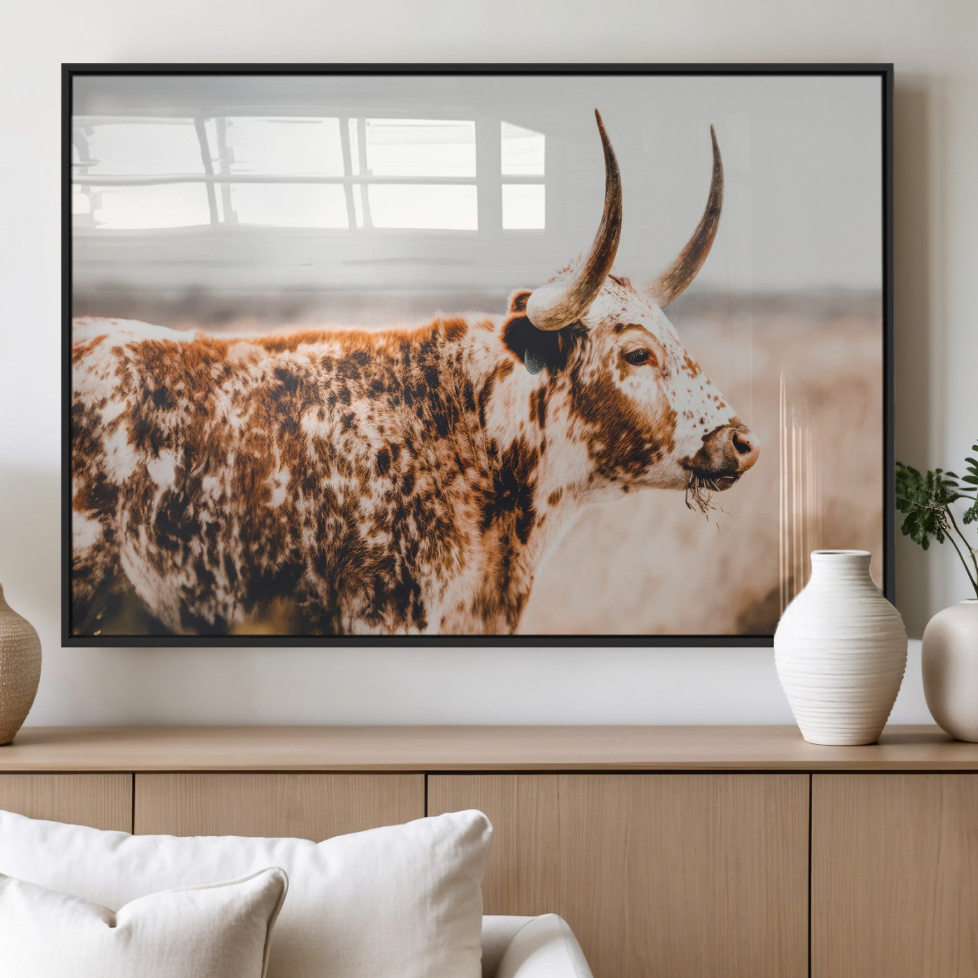 11528295-MGV-FP-36X24-3P_Black-Speckled Longhorn Wall Art Canvas Print, Framed Texas Cattle Art Picture Print, Horned Cow Perfect Rustic Western Decor Artwork