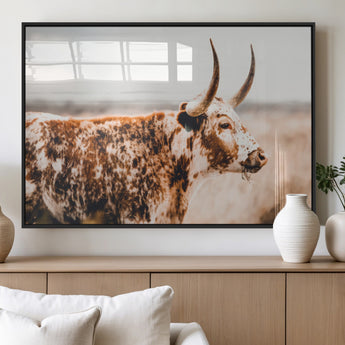 11528295-MGV-FP-36X24-3P_Black-Speckled Longhorn Wall Art Canvas Print, Framed Texas Cattle Art Picture Print, Horned Cow Perfect Rustic Western Decor Artwork