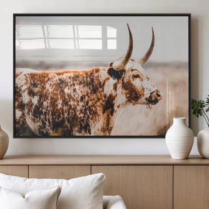 11528295-MGV-FP-36X24-3P_Black-Speckled Longhorn Wall Art Canvas Print, Framed Texas Cattle Art Picture Print, Horned Cow Perfect Rustic Western Decor Artwork
