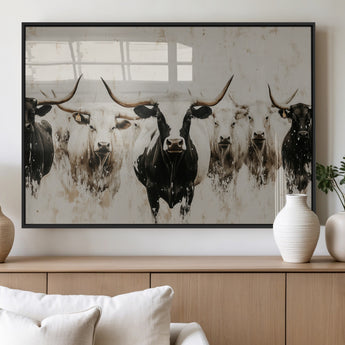 12027562-MGV-FP-60X30-3P_Black-Longhorn Cattle Wall Art Canvas Print, Framed Bison Herd Art Picture Print, Cattle Group Perfect Rustic Farmhouse Decor Artwork