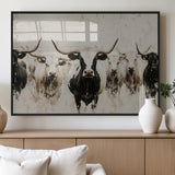 12027562-MGV-FP-36X24-3P_Black-Longhorn Cattle Wall Art Canvas Print, Framed Bison Herd Art Picture Print, Cattle Group Perfect Rustic Farmhouse Decor Artwork