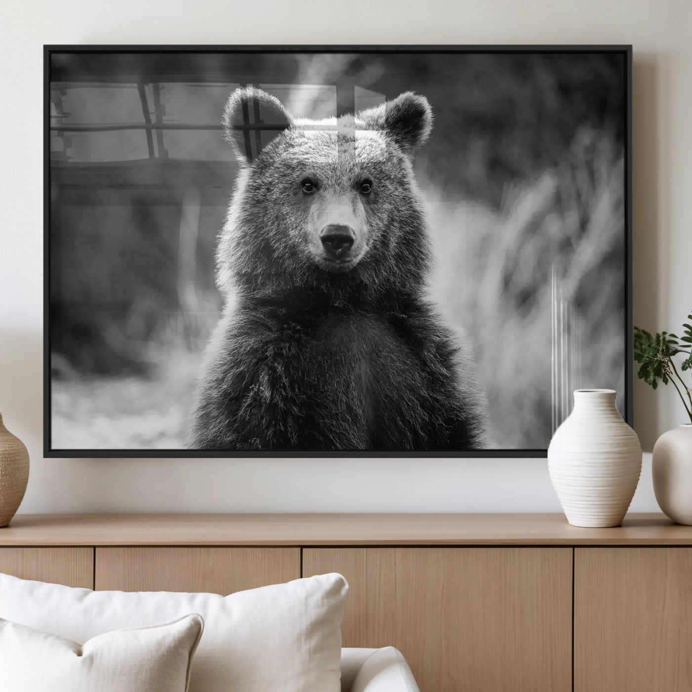 MGV-FP-36X24-3P - Grizzly Bear Wall Art Canvas Print, Framed Black White Bear Art Picture Print, Wild Bear Perfect Rustic Wildlife Decor Artwork