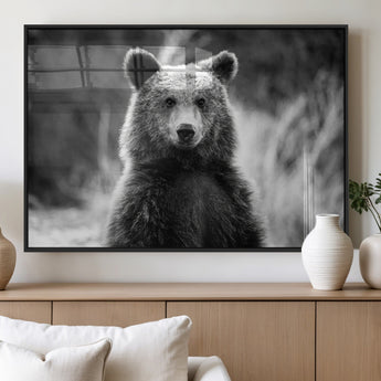MGV-FP-36X24-3P - Grizzly Bear Wall Art Canvas Print, Framed Black White Bear Art Picture Print, Wild Bear Perfect Rustic Wildlife Decor Artwork