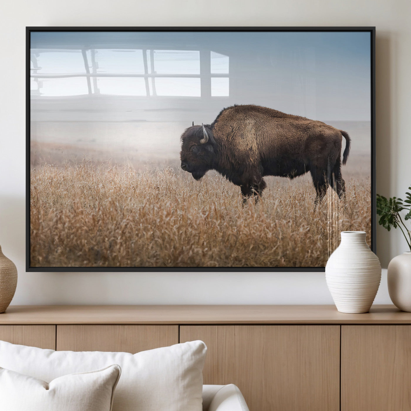 91267849-MGV-FP-36X24-3P_Black-Wild Bison Wall Art Canvas Print, Framed Bison in Prairie Art Picture Print, Rustic Western Perfect Rustic Western Decor Artwork