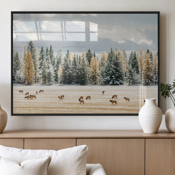64188182-MGV-FP-36X24-3P_Black-Elk Herd Wall Art Canvas Print, Framed Snowy Forest Art Picture Print, Forest Elks Perfect Neutral Rustic Decor Artwork