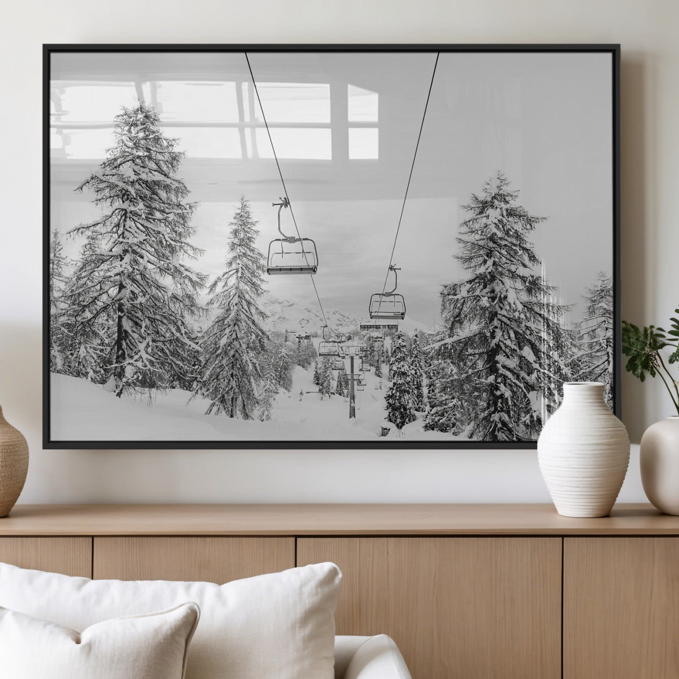 55003599-MGV-FP-36X24-3P_Black-Snowy Ski Lift Wall Art Canvas Print, Framed Winter Forest Art Picture Print, Ski lift Ride Perfect Winter Lodge Decor Artwork