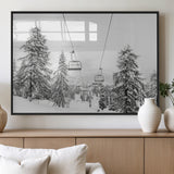 55003599-MGV-FP-36X24-3P_Black-Snowy Ski Lift Wall Art Canvas Print, Framed Winter Forest Art Picture Print, Ski lift Ride Perfect Winter Lodge Decor Artwork