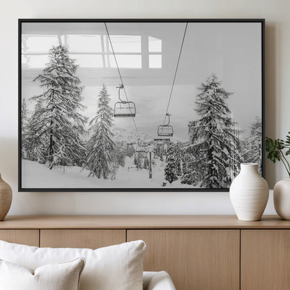 55003599-MGV-FP-36X24-3P_Black-Snowy Ski Lift Wall Art Canvas Print, Framed Winter Forest Art Picture Print, Ski lift Ride Perfect Winter Lodge Decor Artwork