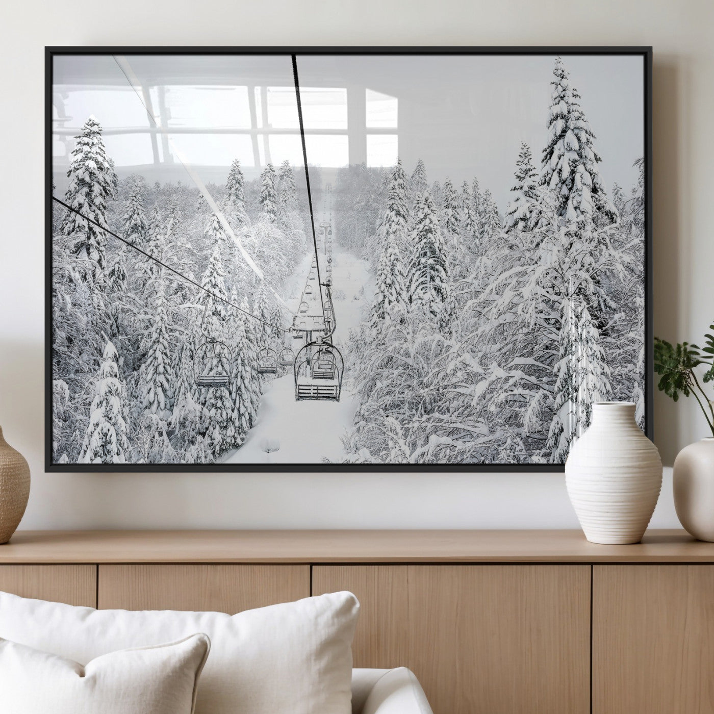 60296839-MGV-FP-36X24-3P_Black-Snowy Mountains Wall Art Canvas Print, Framed Ski Lift Art Picture Print, Winter Forest Perfect Winter Minimalist Decor Artwork