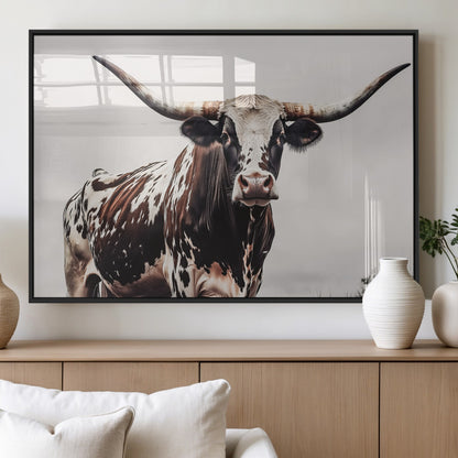 95249234-MGV-FP-36X24-3P_Black-Texas Longhorn Wall Art Canvas Print, Framed Spotted Bull Art Picture Print, Horned Cattle Perfect Rustic Farmhouse Decor Artwork