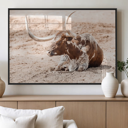 91248682-MGV-FP-36X24-3P_Black-Texas Longhorn Wall Art Canvas Print, Framed Resting Bull Art Picture Print, Spotted Cattle Perfect Rustic Western Decor Artwork