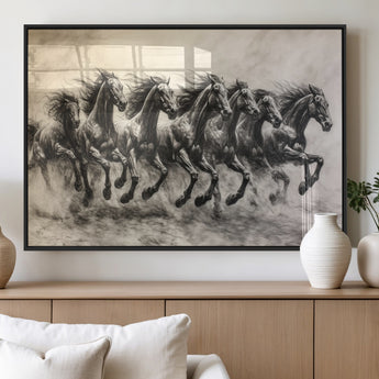 56089591-MGV-FP-36X24-3P_Black-Galloping Horses Wall Art Canvas Print, Framed Wild Stallions Art Picture Print, Horse Herd Sketch Perfect Monochrome Dynamic